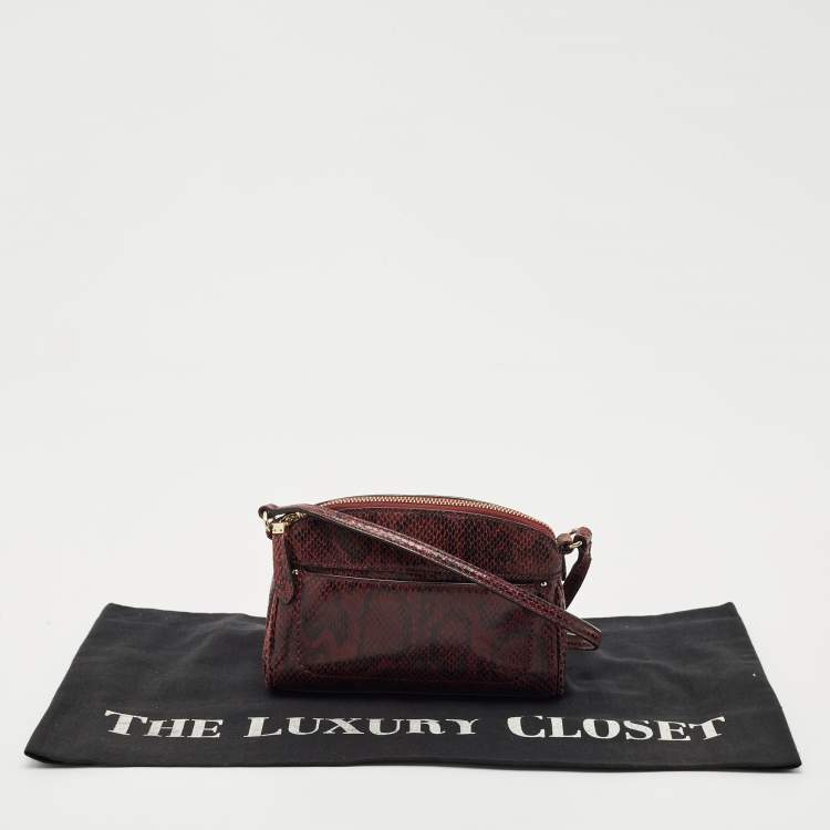 Pre Owned Cole Haan Burgundy Snakeskin Embossed Leather Zip Crossbody Bag