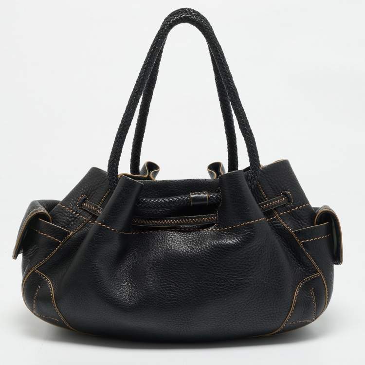 Pre Owned Cole Haan Black Leather Drawstring Braided Handle Hobo