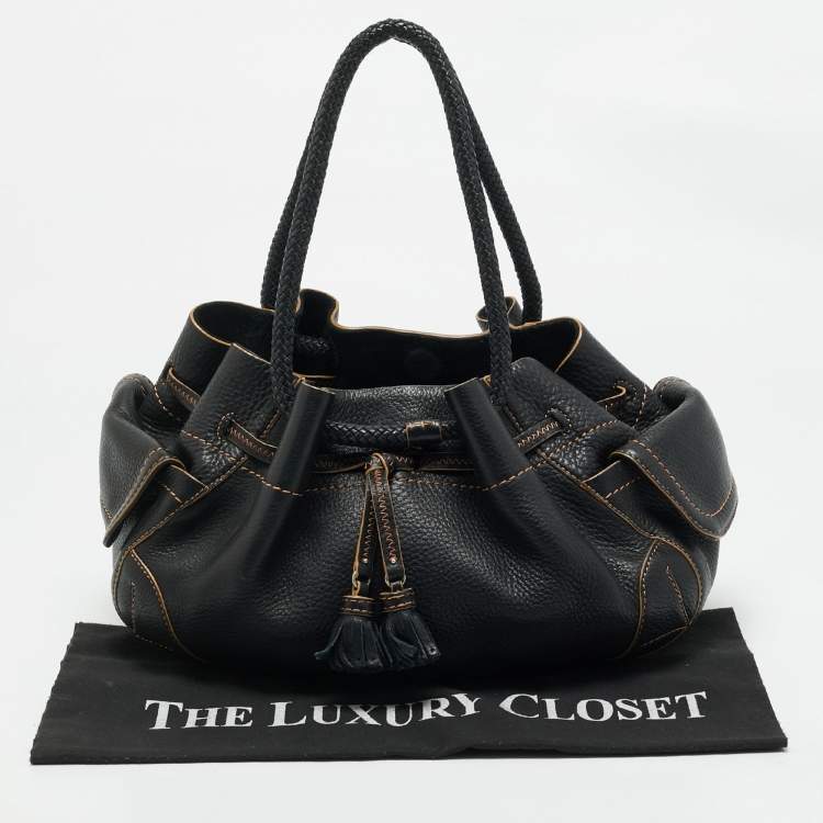 Pre Owned Cole Haan Black Leather Drawstring Braided Handle Hobo