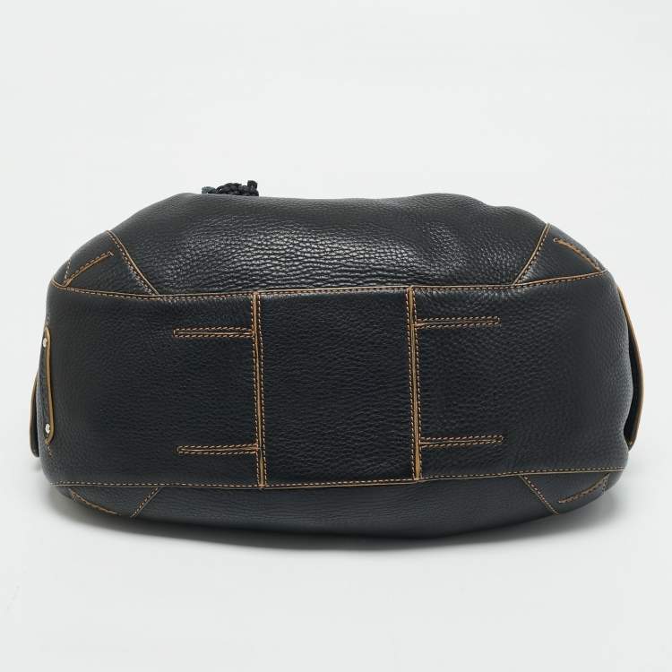 Pre Owned Cole Haan Black Leather Drawstring Braided Handle Hobo