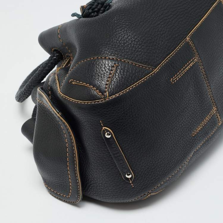 Pre Owned Cole Haan Black Leather Drawstring Braided Handle Hobo