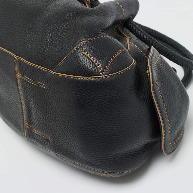 Pre Owned Cole Haan Black Leather Drawstring Braided Handle Hobo