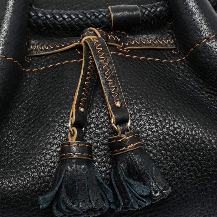 Pre Owned Cole Haan Black Leather Drawstring Braided Handle Hobo