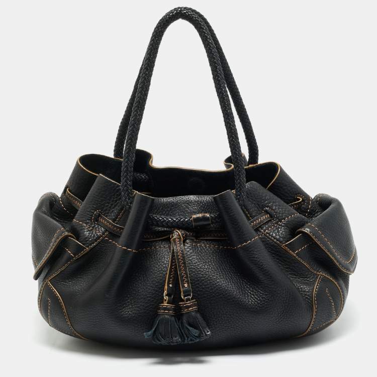 Pre Owned Cole Haan Black Leather Drawstring Braided Handle Hobo