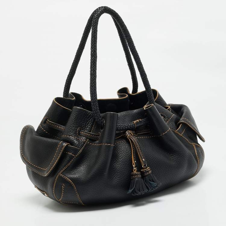 Pre Owned Cole Haan Black Leather Drawstring Braided Handle Hobo