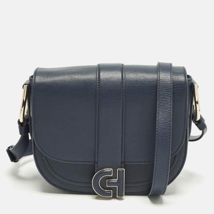 Pre Owned Cole Haan Essential Mini Navy Blue Leather Saddle Bag