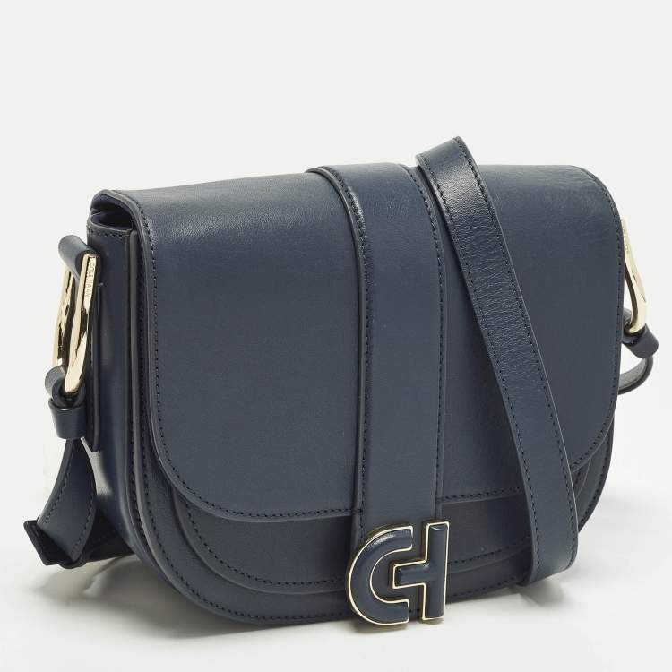 Pre Owned Cole Haan Essential Mini Navy Blue Leather Saddle Bag