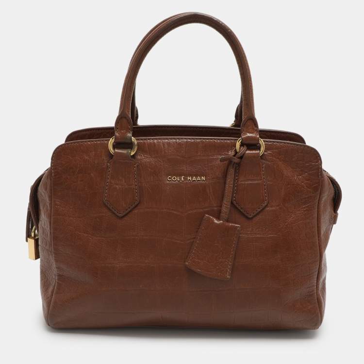 Pre Owned Cole Haan Brown Croc Embossed Leather Satchel