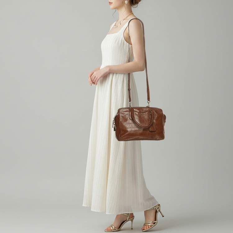 Pre Owned Cole Haan Brown Croc Embossed Leather Satchel