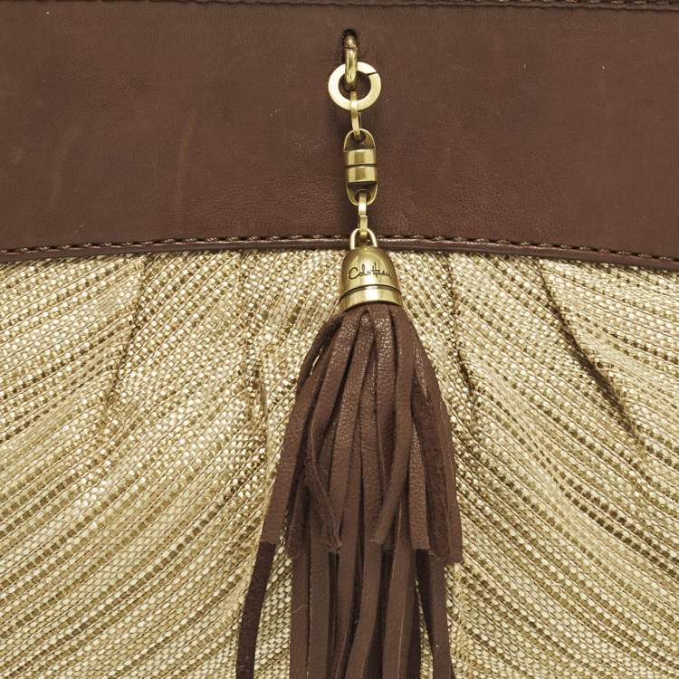Pre Owned Cole Haan Tassel Brown/Cream Fabric and Leather Shoulder Bag