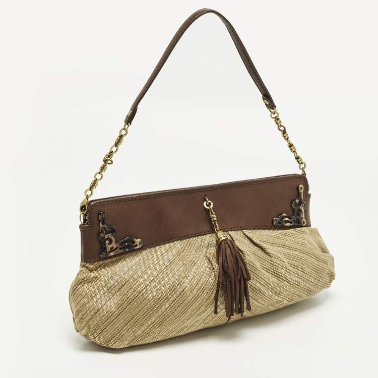 Pre Owned Cole Haan Tassel Brown/Cream Fabric and Leather Shoulder Bag