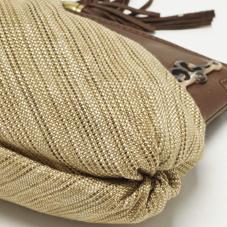 Pre Owned Cole Haan Tassel Brown/Cream Fabric and Leather Shoulder Bag