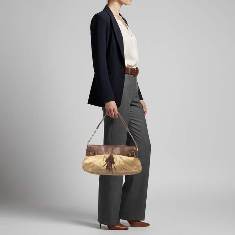 Pre Owned Cole Haan Tassel Brown/Cream Fabric and Leather Shoulder Bag