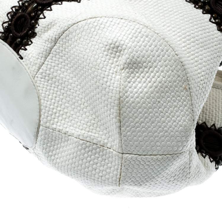 Pre Owned Cole Haan White/Brown Woven Leather Beaded Hobo