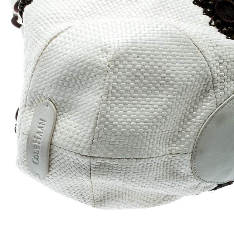 Pre Owned Cole Haan White/Brown Woven Leather Beaded Hobo