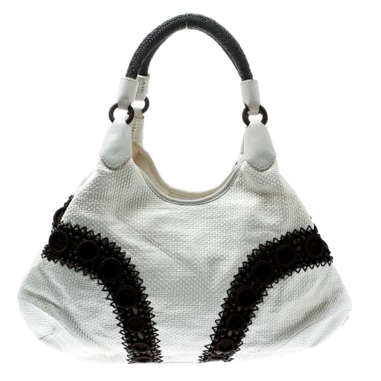 Pre Owned Cole Haan White/Brown Woven Leather Beaded Hobo