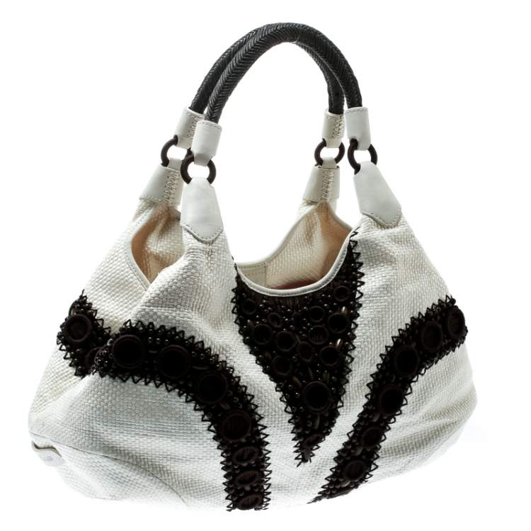 Pre Owned Cole Haan White/Brown Woven Leather Beaded Hobo
