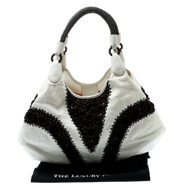 Pre Owned Cole Haan White/Brown Woven Leather Beaded Hobo