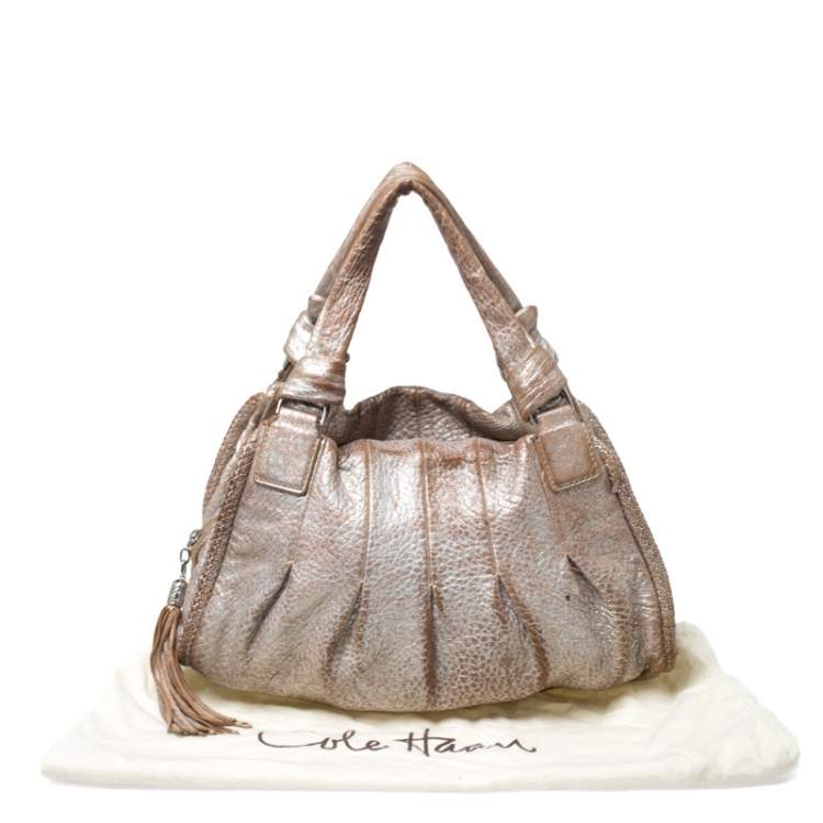 Pre Owned Cole Haan Metallic Beige Pleated Leather Tassel Hobo