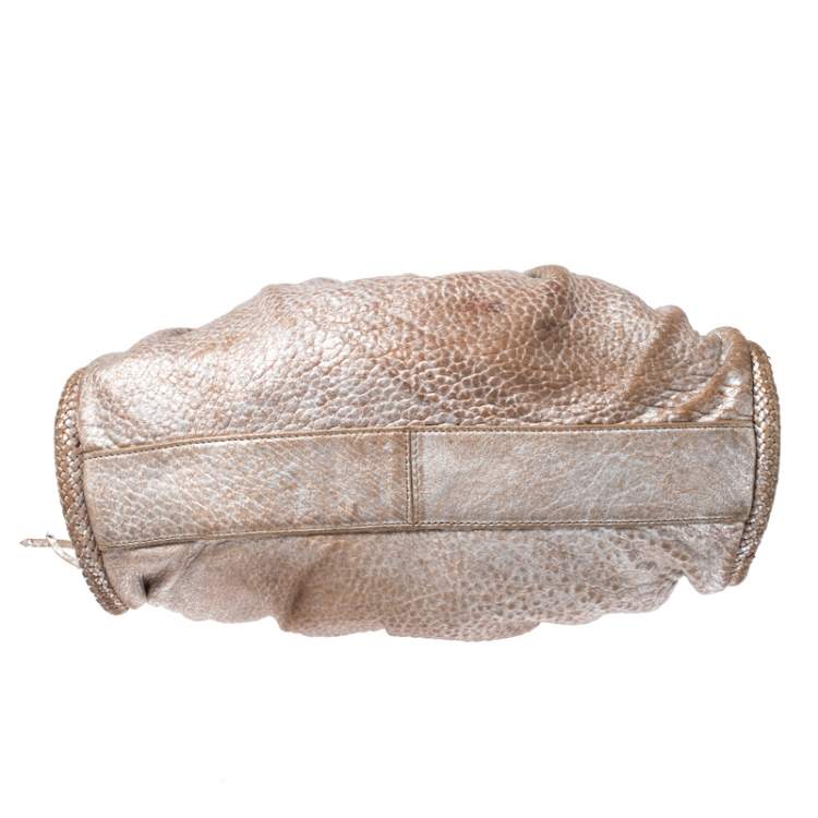 Pre Owned Cole Haan Metallic Beige Pleated Leather Tassel Hobo