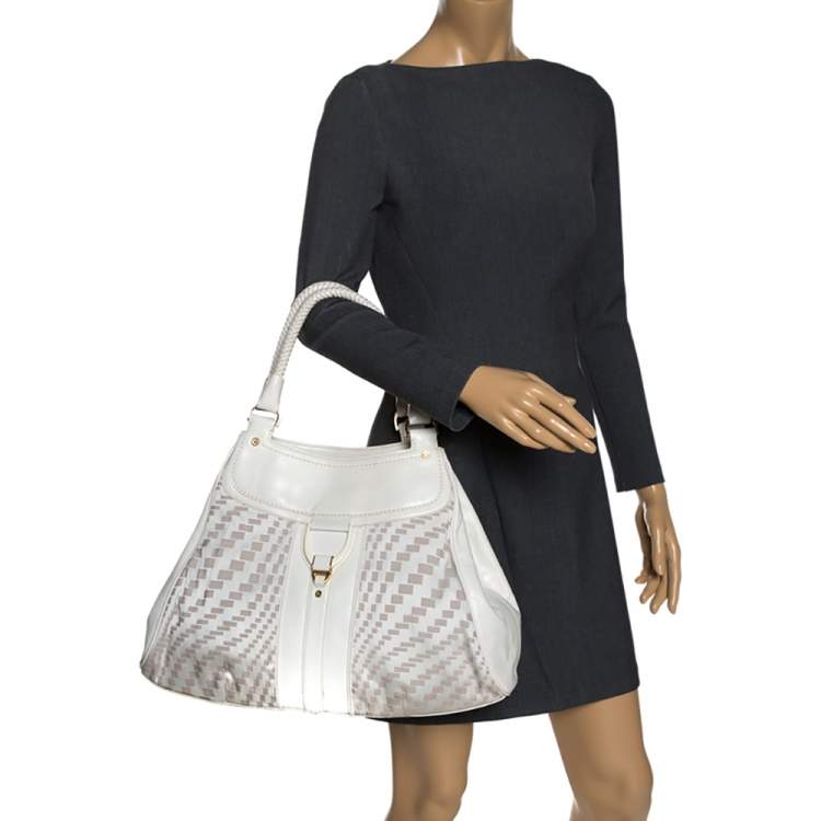 Pre Owned Cole Haan White checkered Fabric and Leather Triangle Tote 