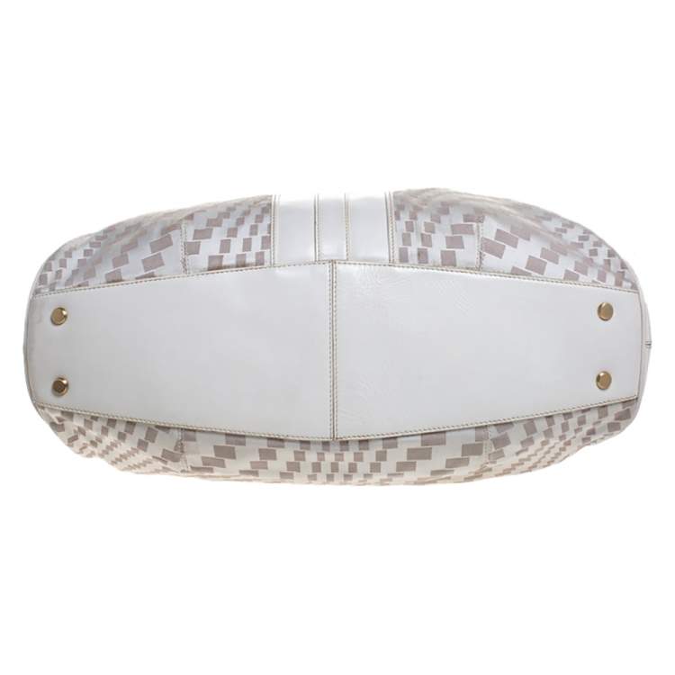 Pre Owned Cole Haan White checkered Fabric and Leather Triangle Tote 