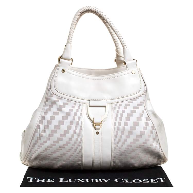 Pre Owned Cole Haan White checkered Fabric and Leather Triangle Tote 