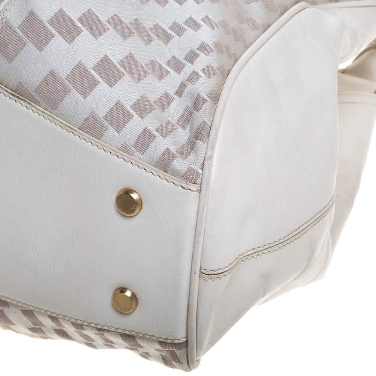 Pre Owned Cole Haan White checkered Fabric and Leather Triangle Tote 