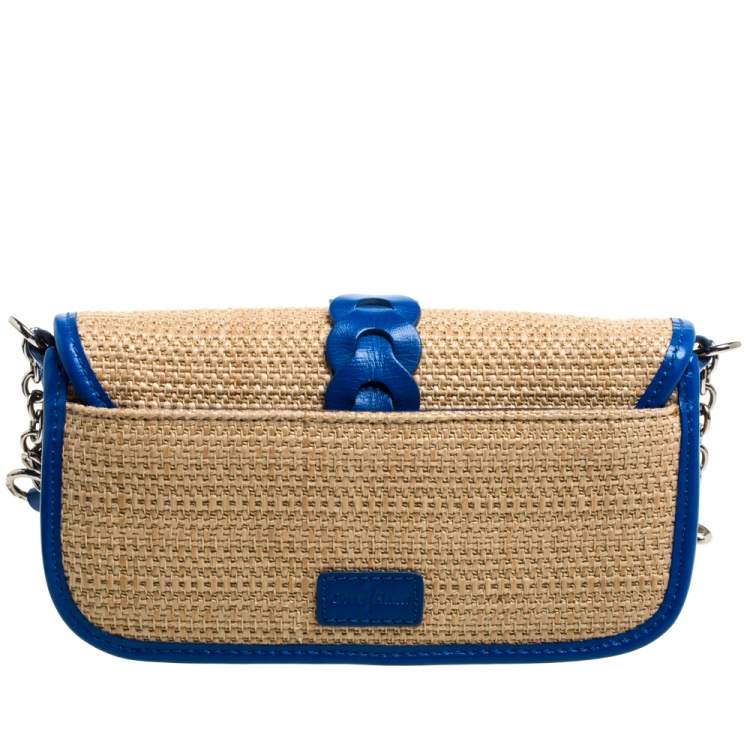 Pre Owned Cole Haan Beige/Blue Woven Straw,Fabric and Leather Bedford Crossbody Bag