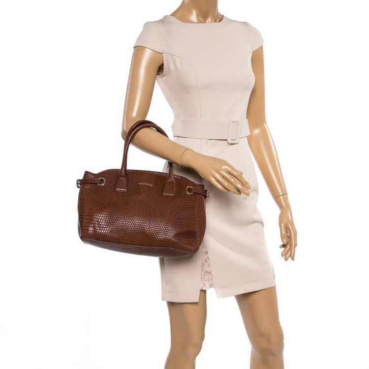 Pre Owned Cole Haan Brown Python Embossed Leather Satchel 