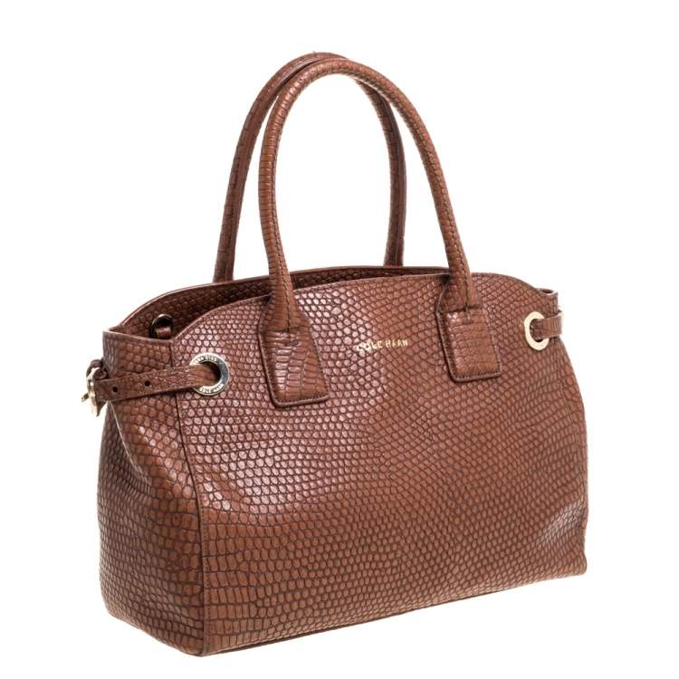 Pre Owned Cole Haan Brown Python Embossed Leather Satchel 