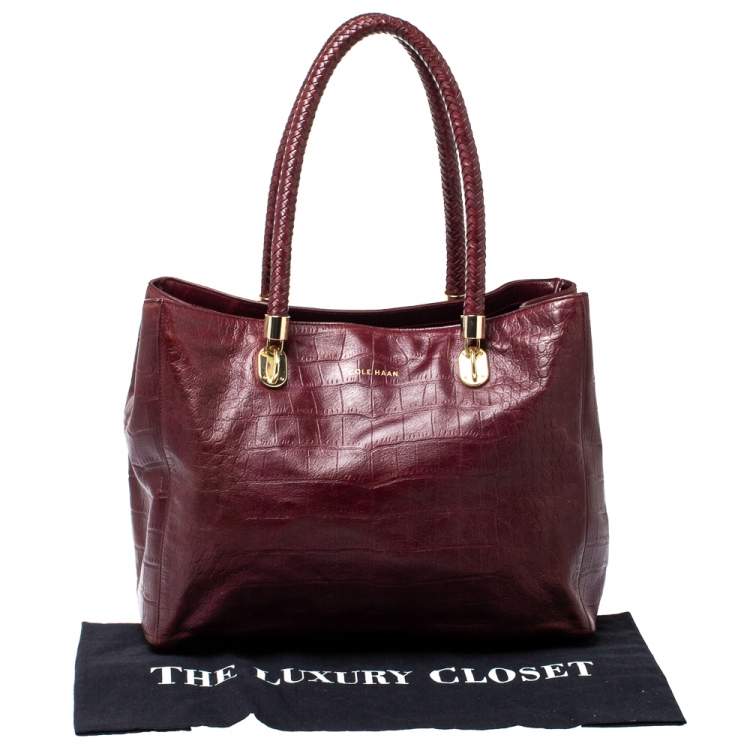 Pre Owned Cole Haan Burgundy Croc Embossed Leather Tote 