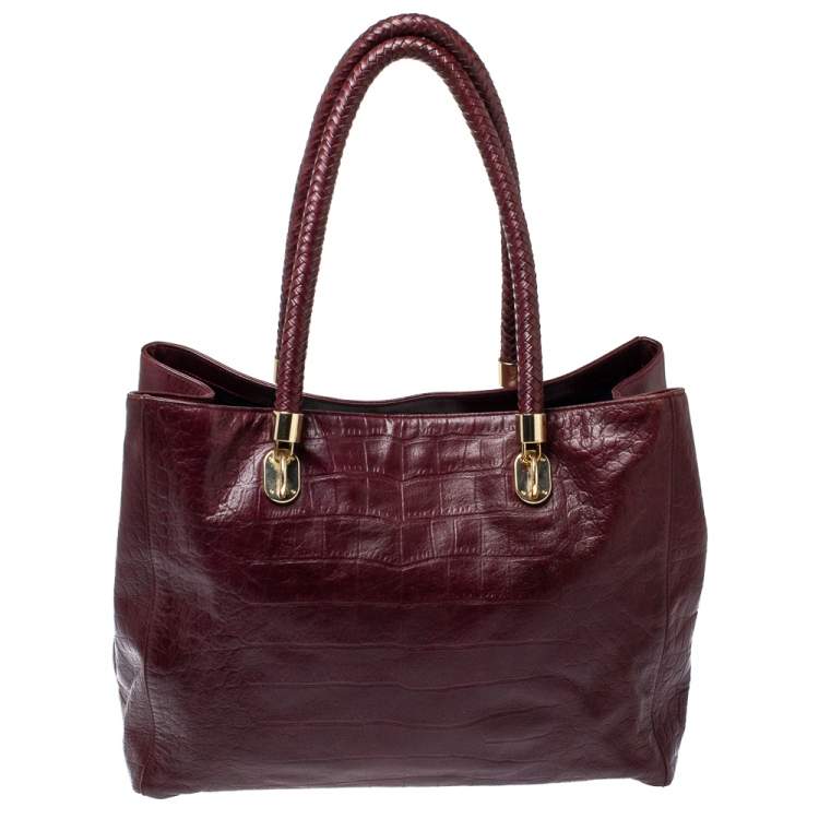 Pre Owned Cole Haan Burgundy Croc Embossed Leather Tote 