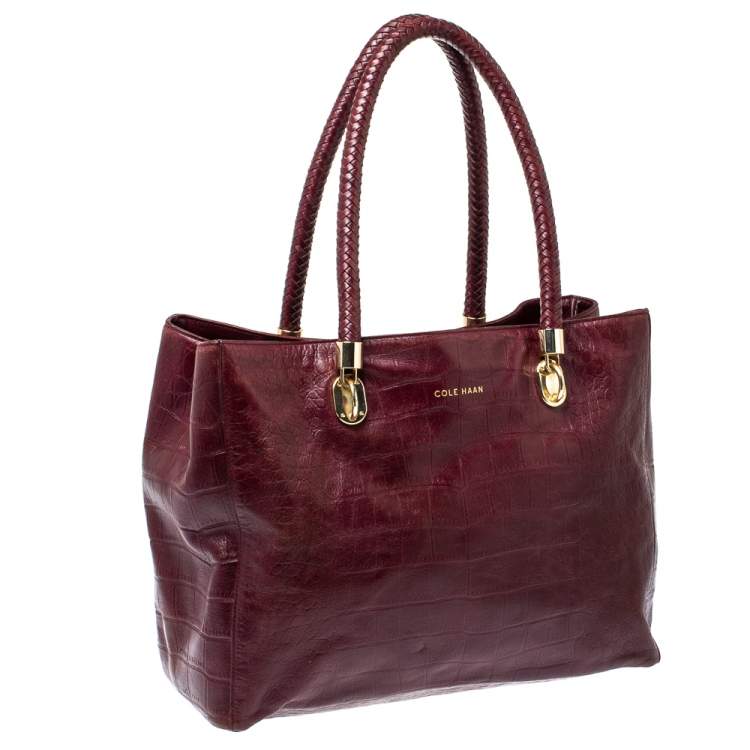 Pre Owned Cole Haan Burgundy Croc Embossed Leather Tote 