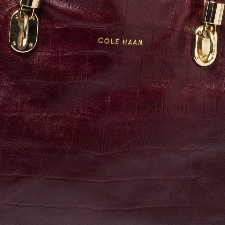 Pre Owned Cole Haan Burgundy Croc Embossed Leather Tote 
