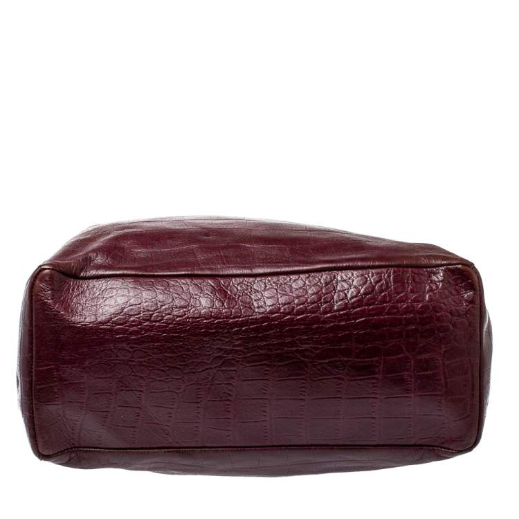 Pre Owned Cole Haan Burgundy Croc Embossed Leather Tote 