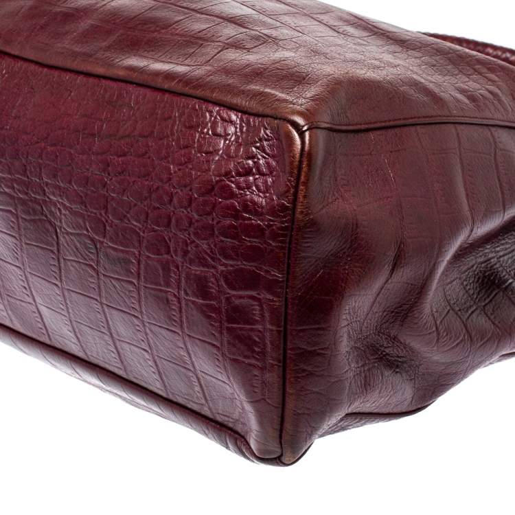 Pre Owned Cole Haan Burgundy Croc Embossed Leather Tote 