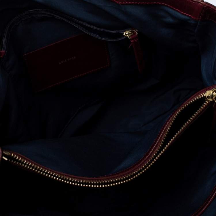 Pre Owned Cole Haan Burgundy Croc Embossed Leather Tote 