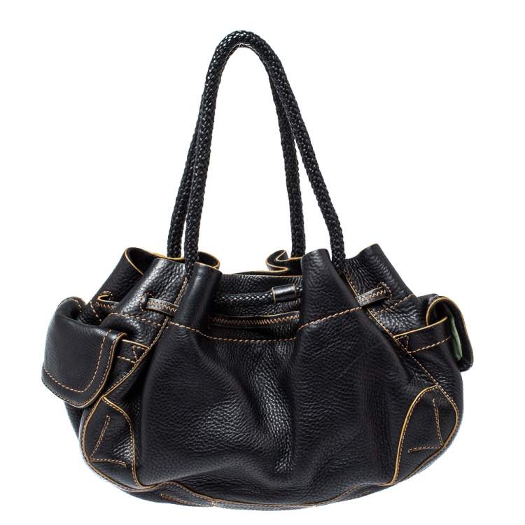 Pre Owned Cole Haan Black Leather Drawstring Braided Handle Hobo