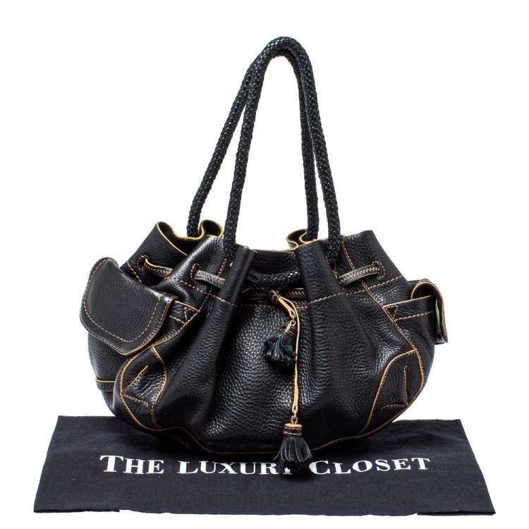 Pre Owned Cole Haan Black Leather Drawstring Braided Handle Hobo