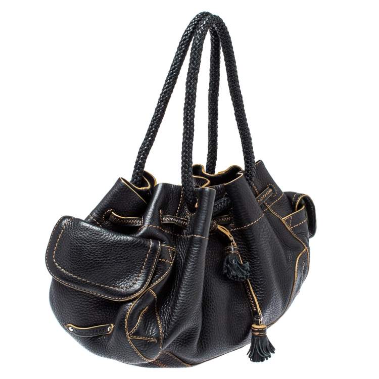 Pre Owned Cole Haan Black Leather Drawstring Braided Handle Hobo