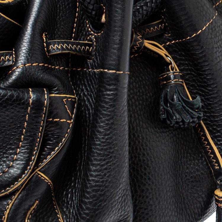 Pre Owned Cole Haan Black Leather Drawstring Braided Handle Hobo