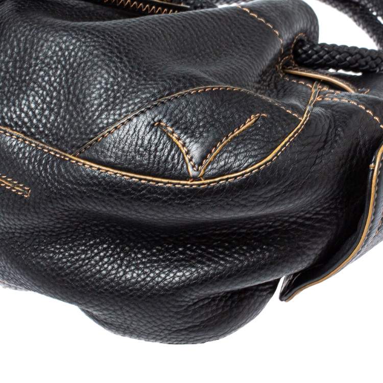 Pre Owned Cole Haan Black Leather Drawstring Braided Handle Hobo