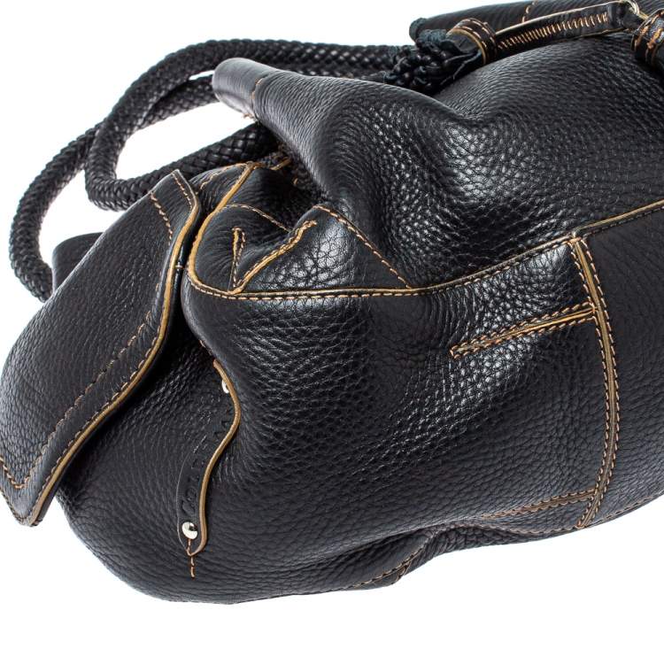 Pre Owned Cole Haan Black Leather Drawstring Braided Handle Hobo