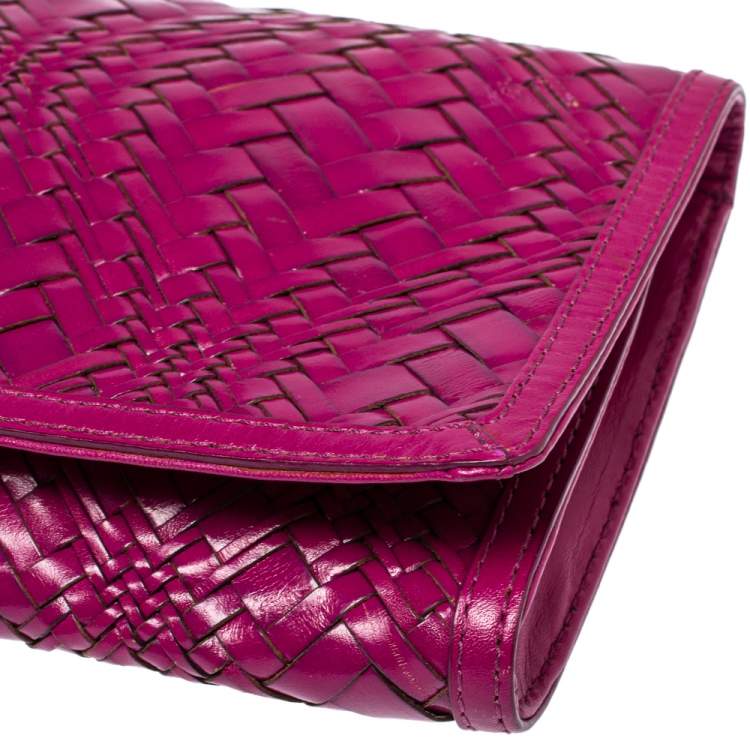 Pre Owned Cole Haan Fuchsia Woven Leather Flap Clutch 