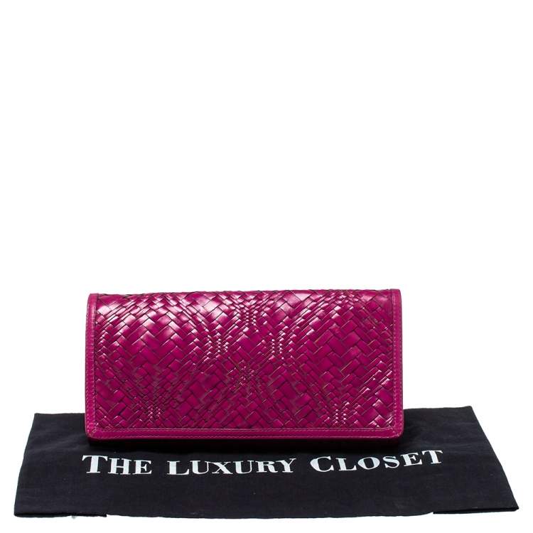 Pre Owned Cole Haan Fuchsia Woven Leather Flap Clutch 