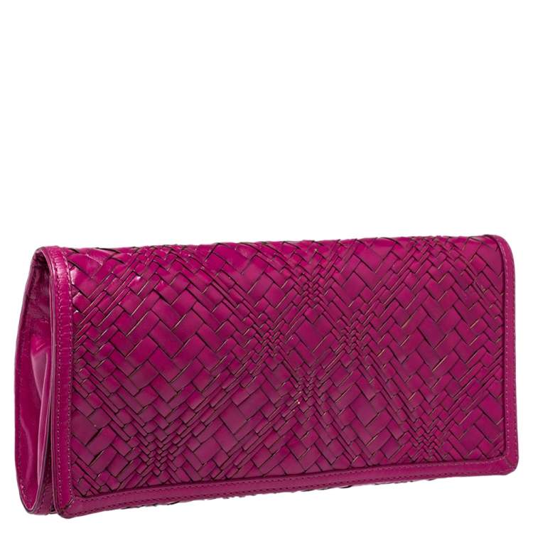 Pre Owned Cole Haan Fuchsia Woven Leather Flap Clutch 