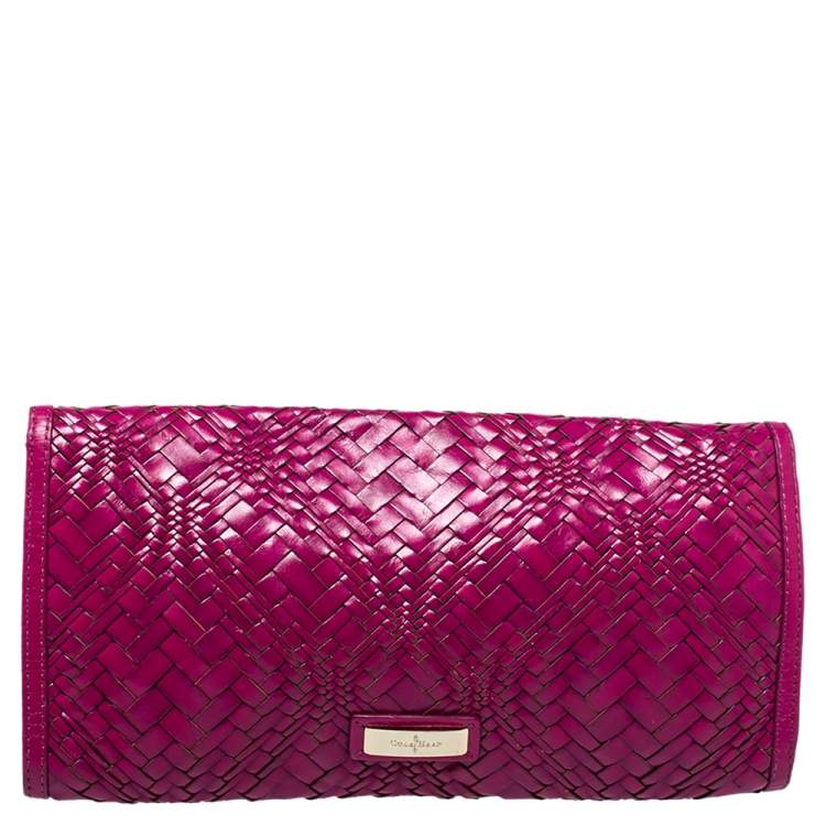 Pre Owned Cole Haan Fuchsia Woven Leather Flap Clutch 