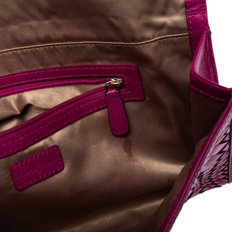 Pre Owned Cole Haan Fuchsia Woven Leather Flap Clutch 