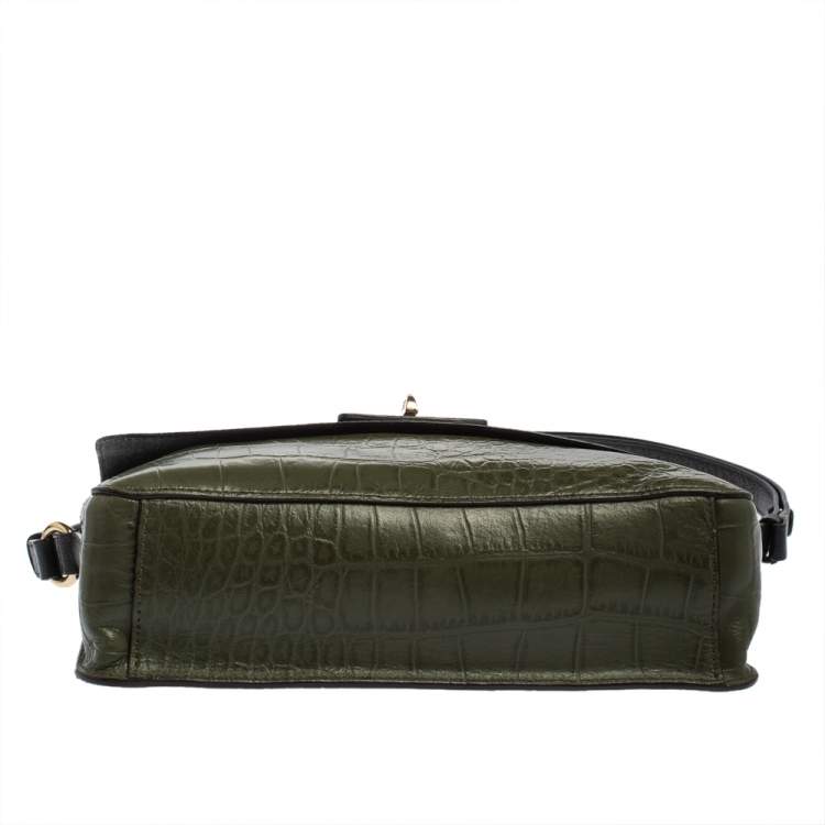 Pre Owned Cole Haan Green/Black Leather and Croc Embossed Leather Flap Shoulder Bag